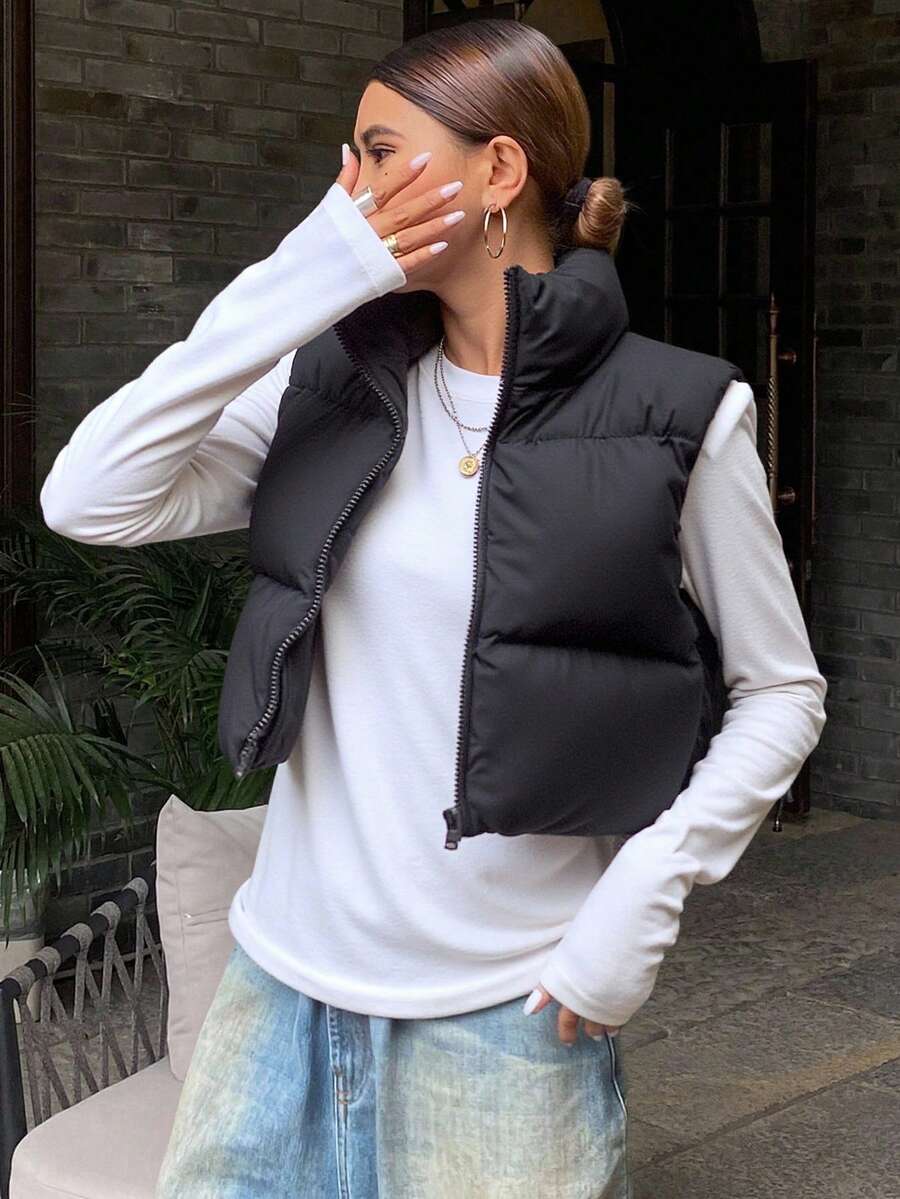 Livesso Zip Up Crop Vest Padded Thick Coat, Winter Women Padded Coat Jacket School - Black - View 1