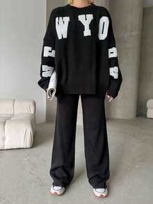 Button Detailed Skirt Set, Solid Color Casual Split Ribbed Button Co-Ord Set For Home Wear - Black - View 1