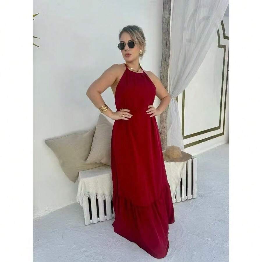 Women's Halter Backless Dress With Padded Cup H-6 - Màu Đỏ Sâu - Xem 1