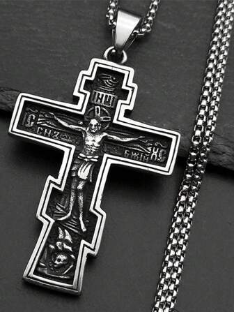 Retro Orthodoxe Icoon Kruisbeeld Kruisbeeld Hanger Ketting Voor Vrouwen Mannen Roestvrij Staal Zilverkleurige Hip Hop Ketting Sieraden