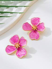 1 Cặp bông tai kim loại hình hoa bất đối xứng dành cho nữ, Quà tặng đám cưới - Hồng - Xem 4