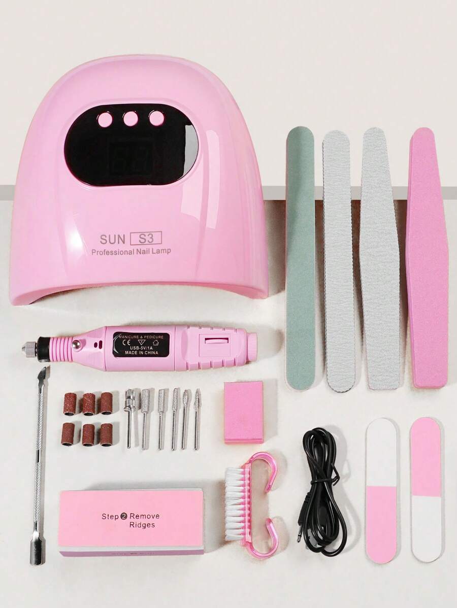 14pcs Nail Care Set: UV/LED Nail Lamp (USB Powered), Polishing Strips, Nail Drill, Sanding Bands, Nail Brushes, Double-Ended Cuticle Pusher, Buffing Block, Manicure Tool Kit, Suitable For Beginners And Home Nail Salons - Multicolor - View 1