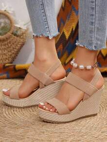Women's Wedge Heel Platform Sandals, Plus Size, Cross-Border, Espadrille Waterproof Platform, Fashionable Slip-On High Heel Sandals With Chunky Sole - 卡其色 - 查看 4
