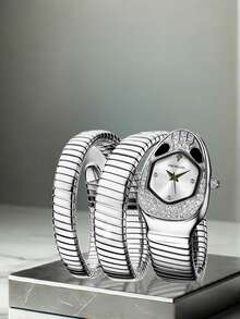 女士全新独特小众艺术蛇形钻石镶嵌精致缠绕手链蛇头石英表 - 均碼 - 查看 12