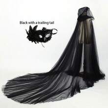 2件套2025新款双层网眼复古纯色抽绳披肩+半脸面具组合套装，吸血鬼新娘斗篷黑白女士抽绳披肩面具套装万圣节