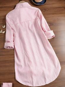 Plus Size Women Striped Long Sleeve Collared Button-Up Shirt, Autumn - Pink - View 2