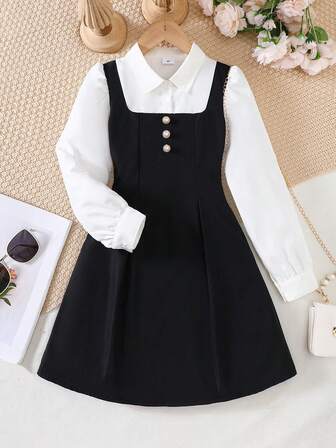 Girls' Elegant Dress, Black & White Patchwork 2 In 1 Dress + Collared Long Sleeve Shirt Appearance, Pearl Button Suspender Skirt Design, Elegant For School/Back To School Party Outfit
