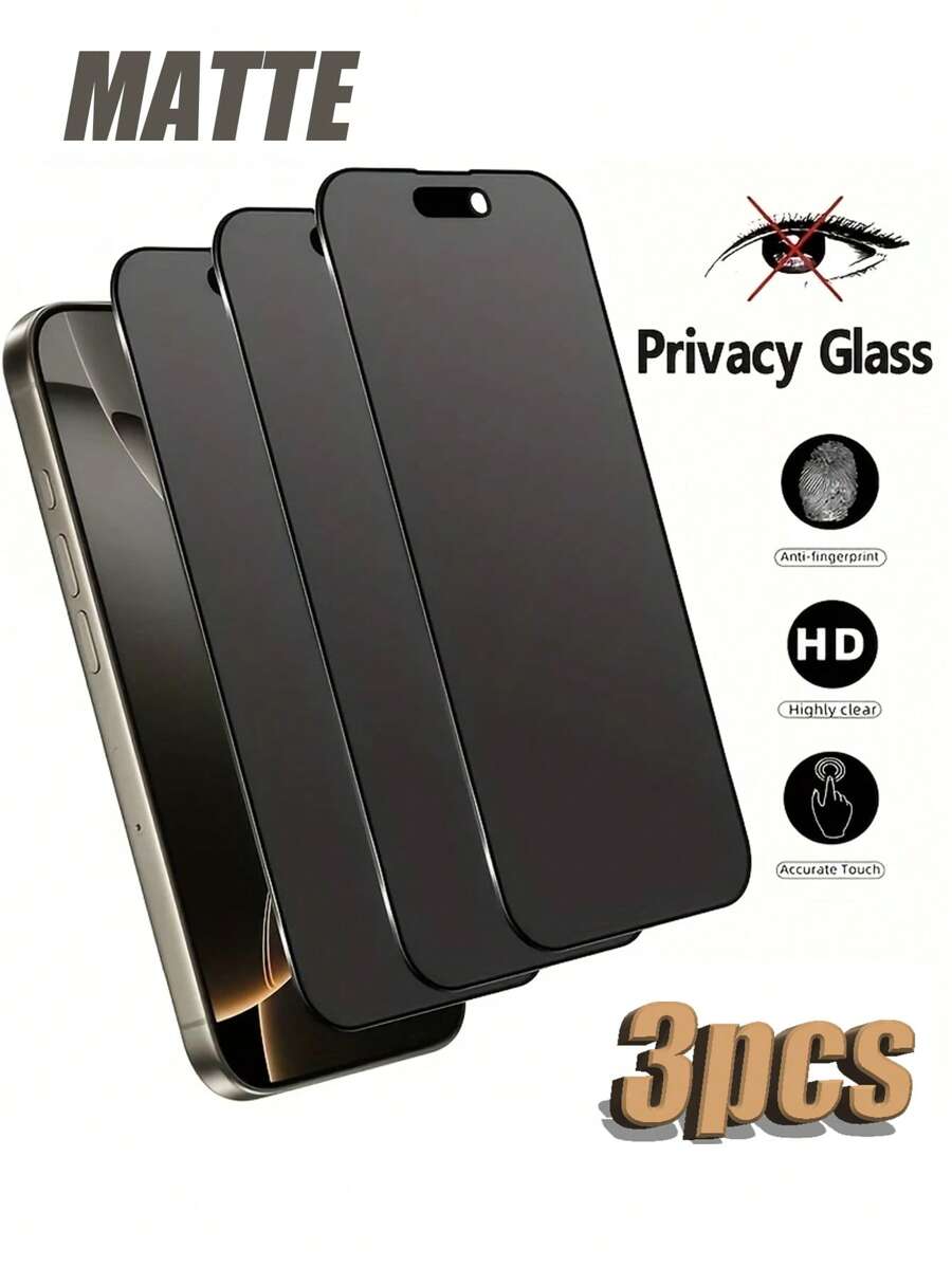 3 piezas Protector de pantalla de vidrio templado mate antiespia 2.5D de pantalla completa (película para juegos), antihuellas, compatible con las series Apple X/XR/11/12/13/14/15/16