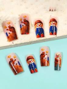 24 件中长款欧式方形万圣节稻草人美甲南瓜甘草可穿戴指甲画假指甲压指甲套装 - 配有 1 个果冻胶 + 1 个指甲锉，派对美甲，适合女士和女孩作为礼物按压指甲美甲用品指甲 - 彩色 - 查看 7