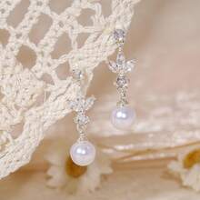 Dangle Earrings For Women, Dainty 14k Gold Plated Formal Pearl Wedding Earrings Cute Long Rose Gold Earrings For Women Hypoallergenic Pearl Drop Silver Prom Jewelry Women