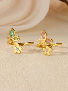 精致不锈钢蓝粉色蝴蝶花戒指，18K 镀金防褪色开口戒指，适合女士，婚礼夏季假日黄金首饰，送给妈妈/挚友的礼物