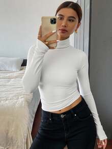 Livesso Women's Turtle Neck Ruched Long Sleeve T-Shirt - White - View 3