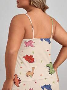 1 pieza Pijama de tirantes para mujer talla grande con estampado lindo de dinosaurio, cuello redondo, tirantes finos, espalda descubierta, para primavera y verano