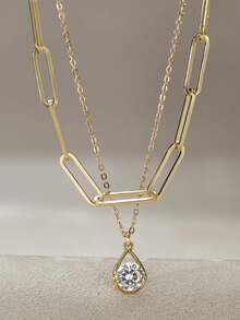 Nooxian 2 件/套金项链叠戴，优雅设计扁平十字链搭配白色泪珠锆石吊坠项链套装（随机扣珠数量） - 金黃色 - 查看 4