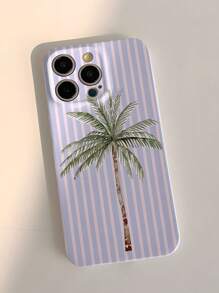 1 pieza Estuche de teléfono duro de fénol perforado con rayas, estilo de vacaciones, árbol de coco de acuarela brillante para iPhone 11/12/13/14/15/16 Pro Max