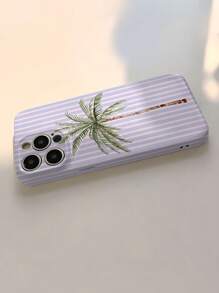 1 pieza Estuche de teléfono duro de fénol perforado con rayas, estilo de vacaciones, árbol de coco de acuarela brillante para iPhone 11/12/13/14/15/16 Pro Max