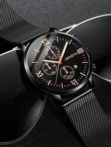 1 件休闲男士石英表，简约圆形表盘，金属网状表带，男士最佳礼物，适合节日礼物和日常佩戴