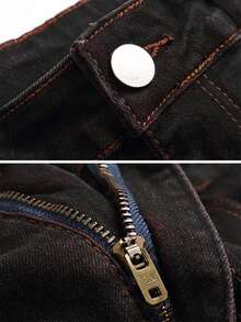 Men's Fashionable And Casual Street Elastic Black Old Jeans, Urban Edge Red Stitched Ripped Denim, Plain Full Fit Pockets, Thanksgiving Valentine's Day Pride Month Teacher's Day Easter New Year Christmas Halloween Suitable For All Seasons - 紅色 - 查看 5