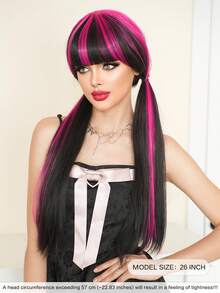 7JHH WIGS 26 Inch Black Pink Highlight Halloween Wigs For Women Long Straight Synthetic Wig With Bangs, Premium Heat Resistant Fiber Full Machine Hair Gothic Lolita Wigs For Girls Anime Or Costume Cosplay Use,Music Festival Party Street Wear Photography, Draculaur? - Màu hồng nổi bật - Xem 4