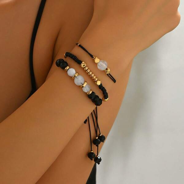 3 Peças Pulseiras de contas de cristal preto estilosas, Conjuntos de pulseiras trançadas geométricas retrô feitas à mão, Adequado para uso diário e festivais