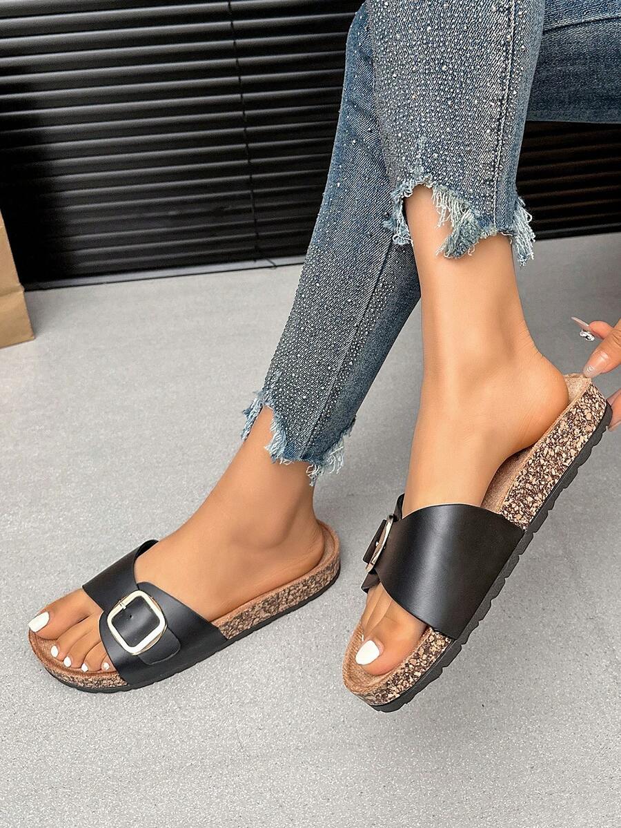 Women's Flat Sandals, Bohemian Punk Style Vacation Fashion Buckle Design - BG167-bLACK - View 1