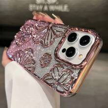 Glitter Electroplated Retro Personalized Hollow Three-Dimensional Oil Painting Flower Anti-Drop TPU Dopamine Case Suitable For IPhone Models IPhone11, IPhone13, IPhone14proMax, IPhone14, IPhone15, IPhone15proMax - hồng - Xem 2