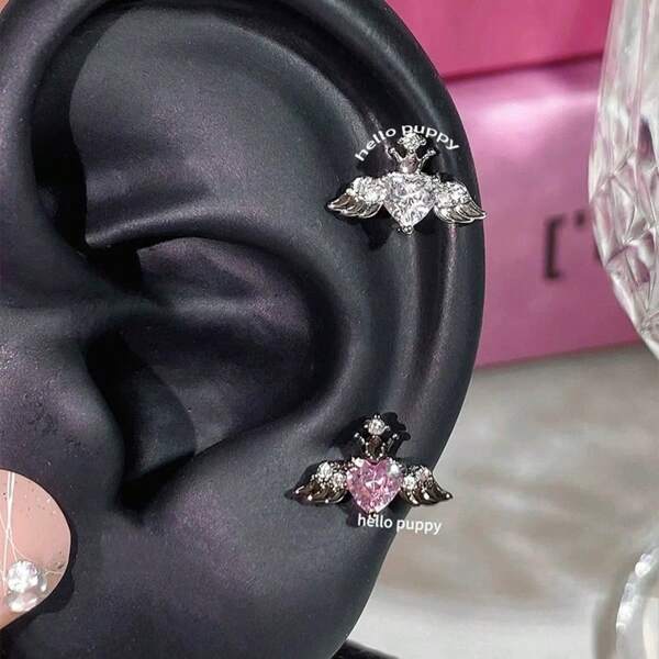 1pc Rhinestone Heart Wing Titanium Steel Ear Bone Stud, Hypoallergenic Black & White Zirconia Barbell Earring, Baroque Design Earwear Jewelry, Unique Cute Punk Style