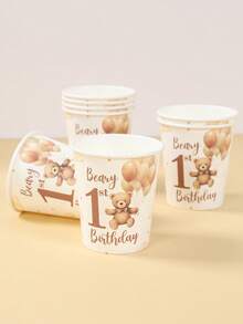 Set di stoviglie monouso per feste di 1° compleanno a tema orsetto marrone, 8 piatti di carta da 7/9 pollici, 8 bicchieri di carta, 16 tovaglioli di carta, forniture per la decorazione del tavolo per la festa di compleanno o festa di nascità a tema orsetto, decorazioni per la festa, accessori per la festa di compleanno o festa di nascità a tema orsetto, set di piatti di carta usa e getta per l'evento di compleanno, omaggi