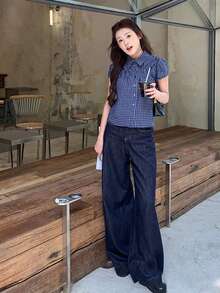 复古蓝色格子 Polo 领短袖衬衫 夏季 - 藍色 - 查看 8