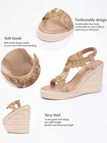 Platform Thick Bottom Waterproof Rope Roman Sandals - Champagne - View 11