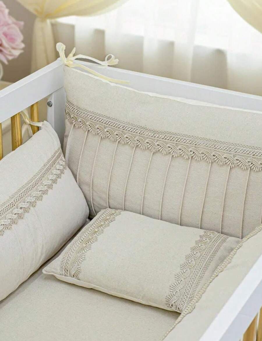 Neutral Linen Crib Kit Elegant Luxury Embroidery With Lace American Crib Baby Infant