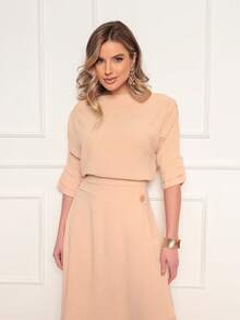 Women's Elegant Dune Set With Fold-Over Sleeve Blouse And Asymmetrical Skirt With Decorative Button - Màu be - Xem 5