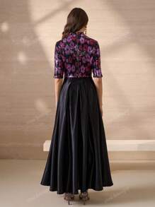 Elegant Luxurious Sequin Embroidered Floral Decor Top And A-Line Skirt Women's Lightweight Two Pieces Set