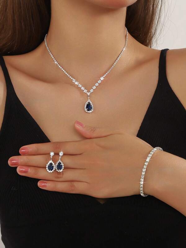 1pc Necklace, 1 Pair Earrings, 1pc Bracelet Blue Crystal Water Drop Necklace Earrings Bracelet Set, Suitable For Women's Daily Wear, Wedding, Party, Etc.