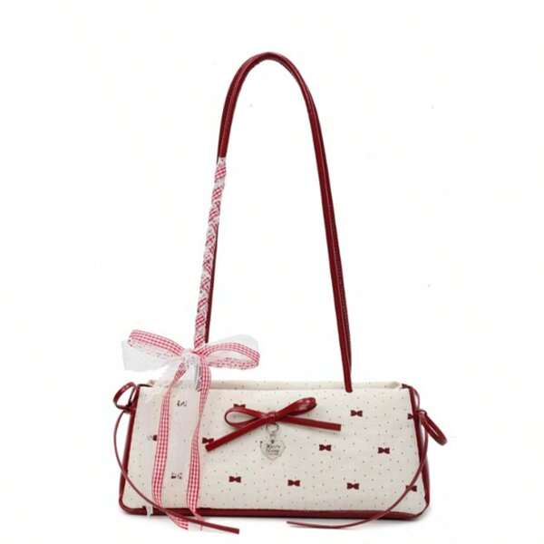 Women's  Shoulder Bag Handbag, Bow Print Mini Tote Bag, Free Ribbon, Blue, White