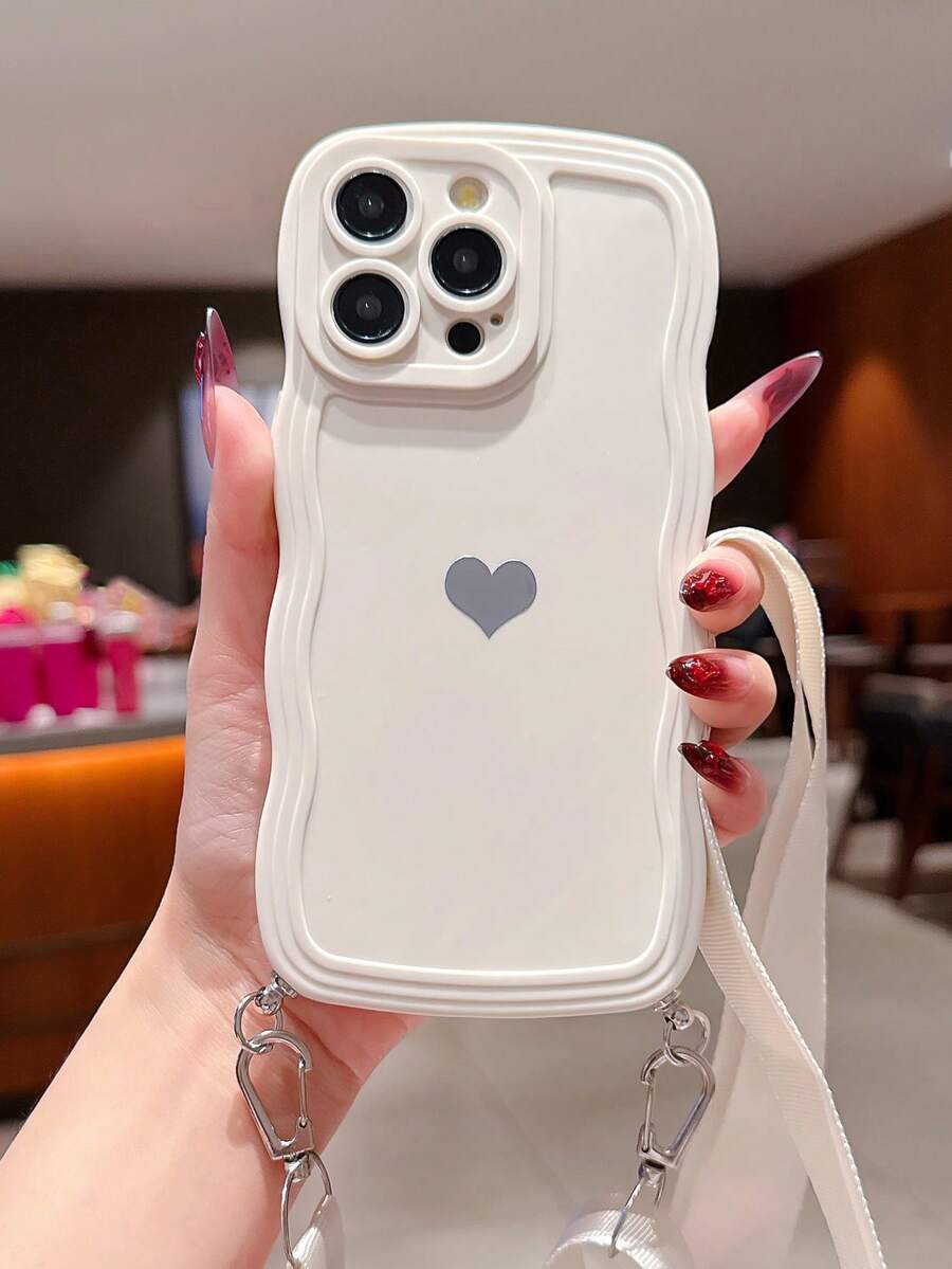 心形贴纸和波浪边框纯色手机壳带挂绳 心形贴纸和波浪边框纯色手机壳带挂绳 防水防震防摔防刮 - 白色 - 查看 1