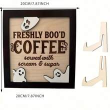 1 件 3D 双层木质咖啡标牌，趣味万圣节主题“Fresh Boo Coffee”，带有怪异的点缀，经典家居装饰风格，节日厨房标牌带支架