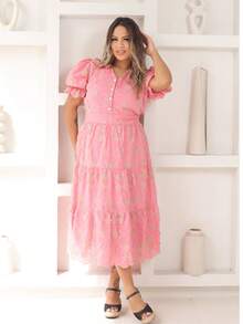 Women's Fashion Midi Dress In 3D Laise Fabric With Elastex On The Back And Button On The Front And Lining - 粉紅嬰兒雙色3d - 查看 3