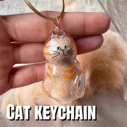 透明猫毛收纳盒吊饰扭蛋猫毛胶囊钥匙扣吊坠可爱卡通猫咪钥匙扣配蓬松白猫毛 - 透明椭圆形钥匙扣吊坠，适合猫爱好者和宠物主人