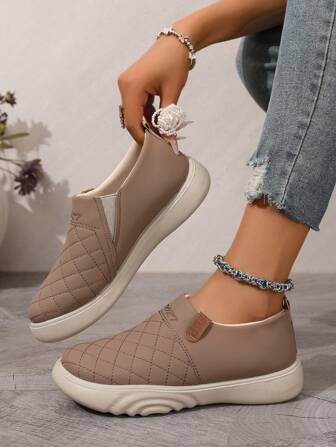Women's Casual Slip-On Sneakers, Flat Round Toe Solid Color Versatile Soft Bottom Shoes, Spring & Autumn