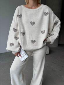 Women Casual Heart Pattern Round Neck Long Sleeve Pullover Top And Long Pants Set, Embroidery Design - White - View 2