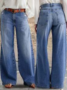 Plus Size Women Spring New Distressed Elastic Wide Leg Straight Jeans, Pockets Casual Versatile Mom Jeans