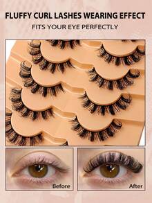 Asiteo 7对装 D型卷翘自然凌乱短款仿貂毛假睫毛，奢华浓密，打造蓬松魅惑妆容，可重复使用，易于佩戴。假睫毛，睫毛，假睫毛，假睫毛 - 交叉款 - 查看 3