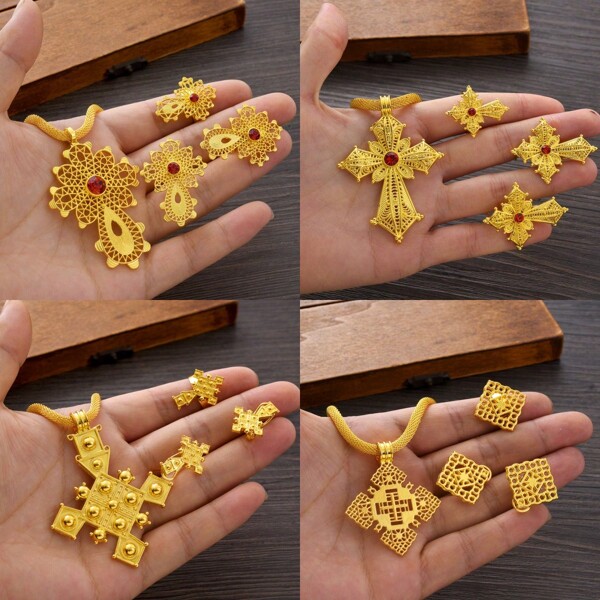 3pcs Set, African Arabian Golden Color Classic Hollow Carved Cross-Shaped Jewelry Set, Including Earrings, Ring, Necklace, Suitable For Women, European And American Daily Wear, Middle Eastern Party, Birthday, Wedding Gift