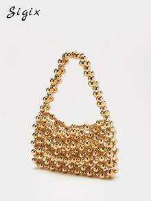 New Luxury High-Quality Handmade Beaded Mini Woven Sparkly Bead Bag, Multi-Color Beaded French Style Shiny Evening Clutch Bag - Gold - View 4