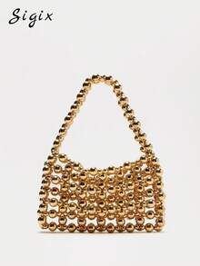 New Luxury High-Quality Handmade Beaded Mini Woven Sparkly Bead Bag, Multi-Color Beaded French Style Shiny Evening Clutch Bag - Gold - View 6