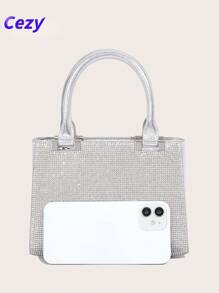 Cezy Bolso de mano con decoración de rhinestones plateados, correa de cadena desmontable y cierre con cremallera - Bolso de embrague de noche brillante para bodas, ocasiones formales, fiestas - Accesorio de moda de lujo para mujer, atuendo formal, con adornos de rhinestones