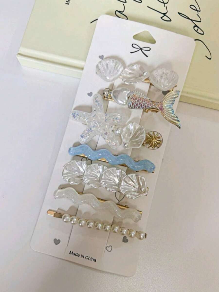 7 件女士优雅贝壳、海星和人造珍珠发夹，多用途日常使用，适合家庭、学校、海滩、办公室、节日、生日、返校、新年、情人节、母亲节、教师节、婚礼、音乐节、毕业典礼、爪夹、发夹、发夹、发夹、学校用品、人造珍珠发饰 - 藍色 - 查看 1