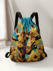 1pc Drawstring Bag With Giraffe Pattern, Black Drawstring Backpack For Sports, Fitness, Travel, Swimming, Beach, Gym Training, Unisex, Back To School - Multicolor - View 11