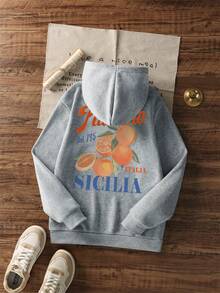 1件少女休闲印花套头卫衣，保暖内衬，长袖，秋冬季学生服装 - 淺灰色 - 查看 3